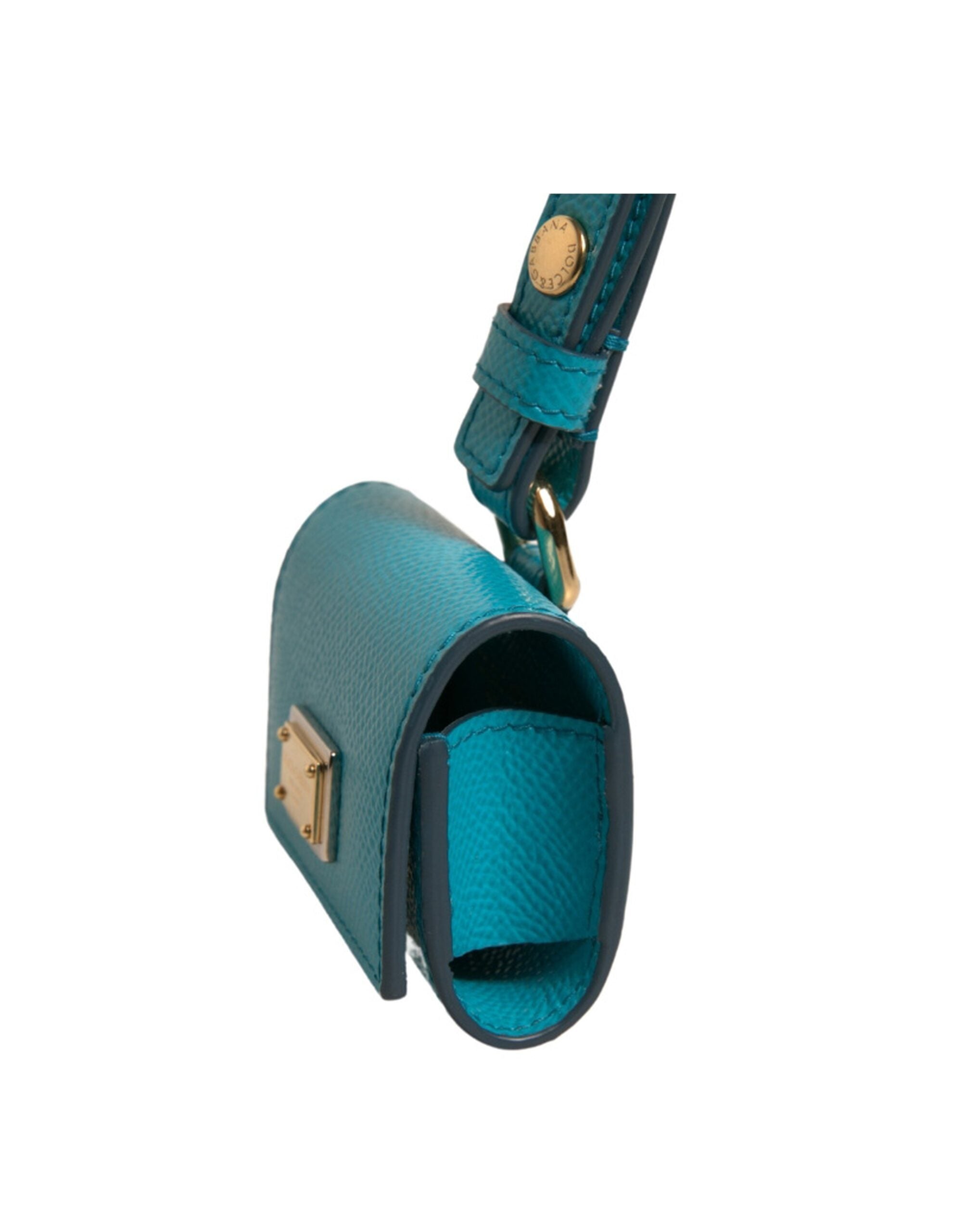 Dolce & Gabbana Groene Leren Airpods Case met Logo Plaquette en Gouden Metalen Band