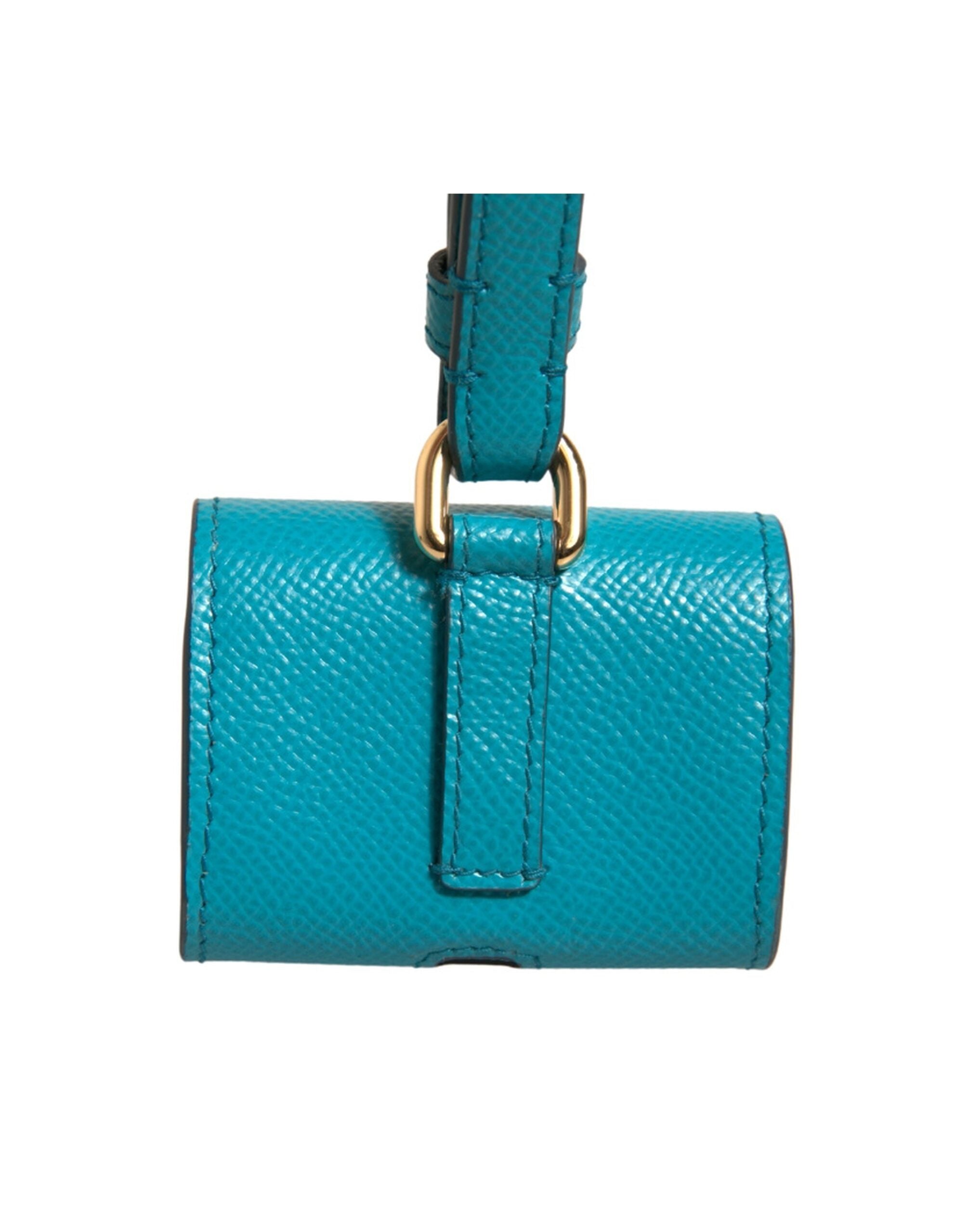 Dolce & Gabbana Groene Leren Airpods Case met Logo Plaquette en Gouden Metalen Band