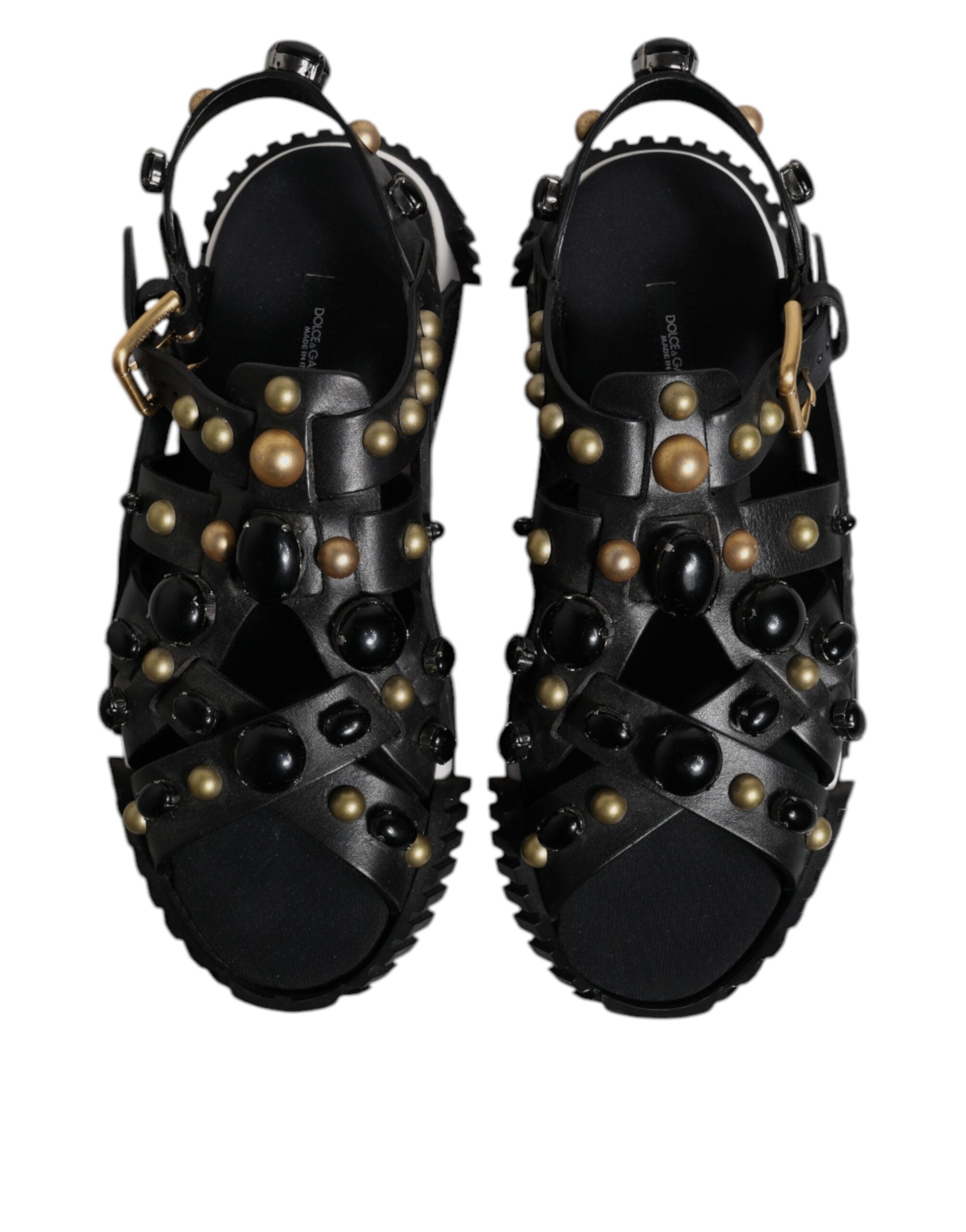 Dolce & Gabbana Black Leather Studded Slide Sandals Shoes