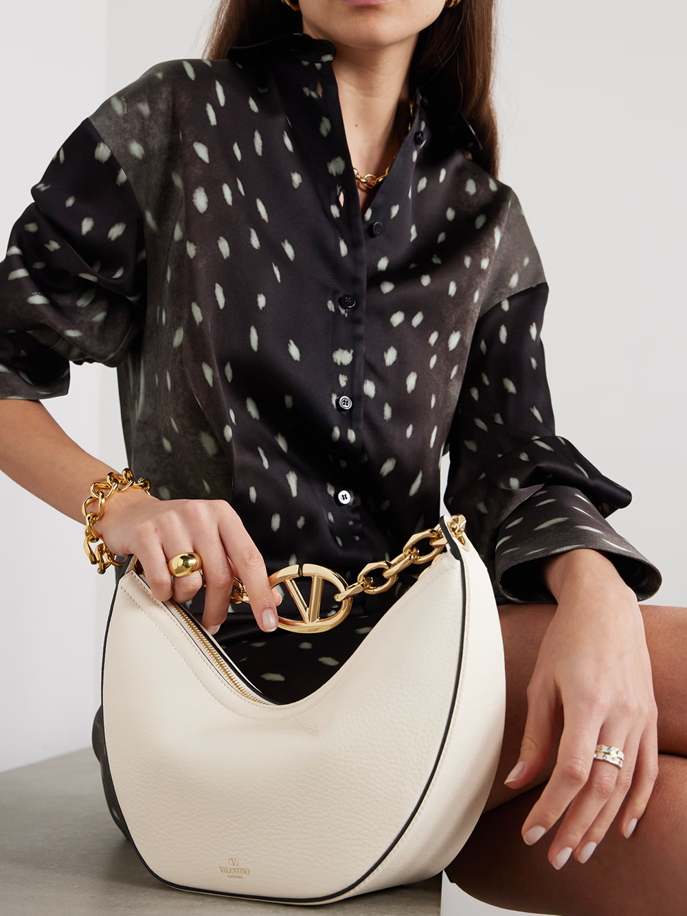 Valentino Garavani Ivory Leather Small Hobo VLogo Shoulder Bag
