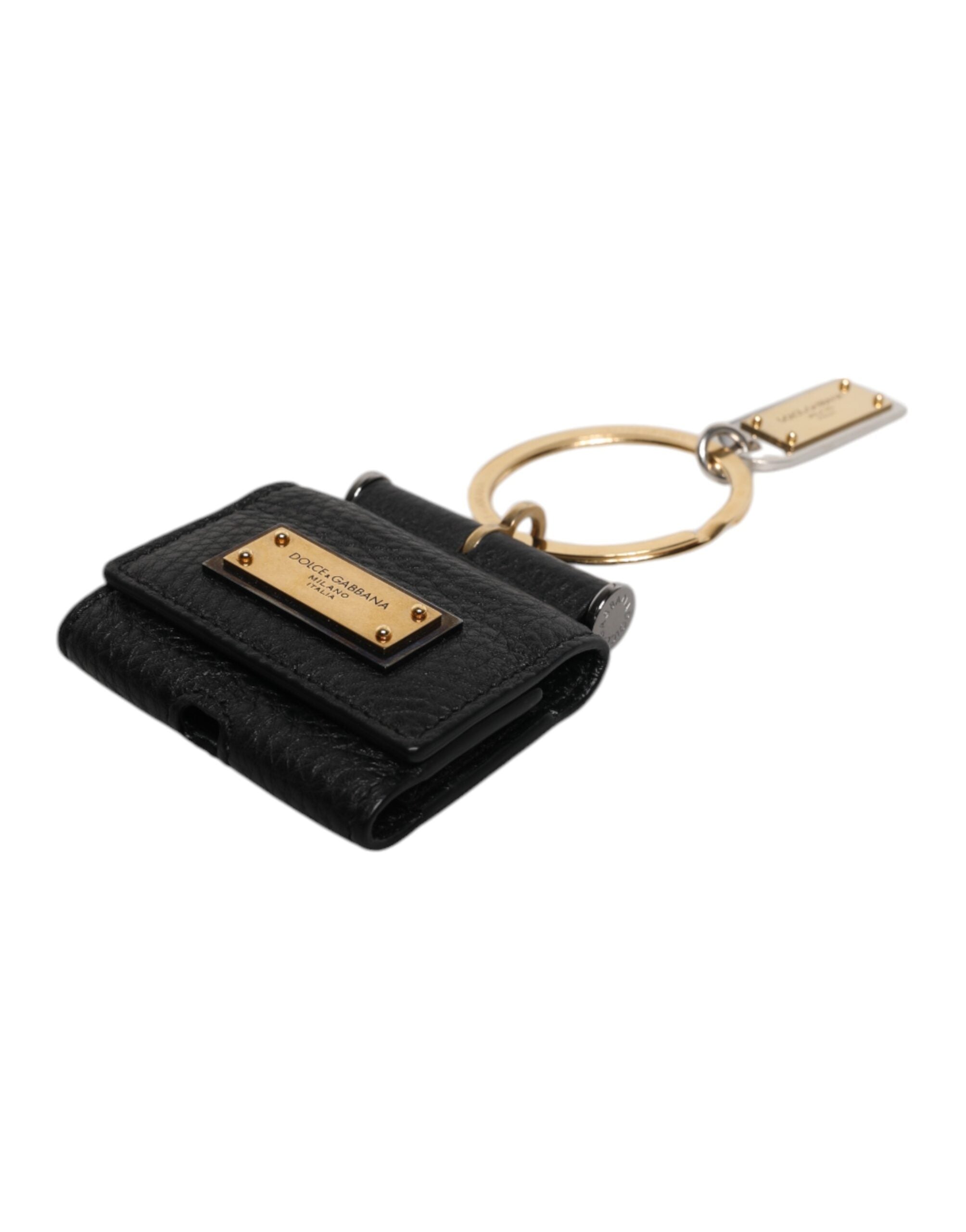 Dolce & Gabbana Zwartleren bandje met gouden metalen logo-plaatje Airpods hoesje