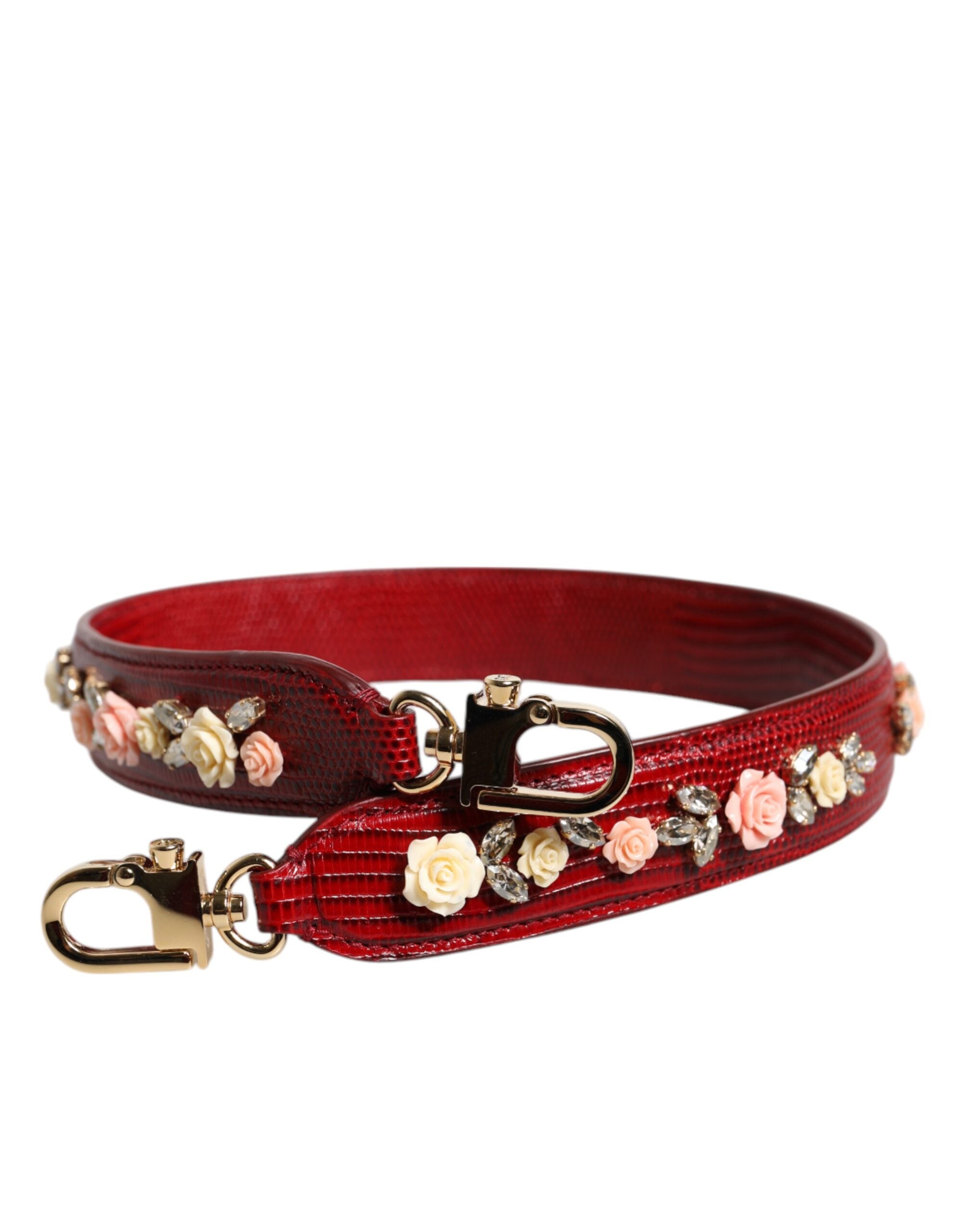 Dolce & Gabbana Red Leather Floral Embellished Bag Shoulder Strap