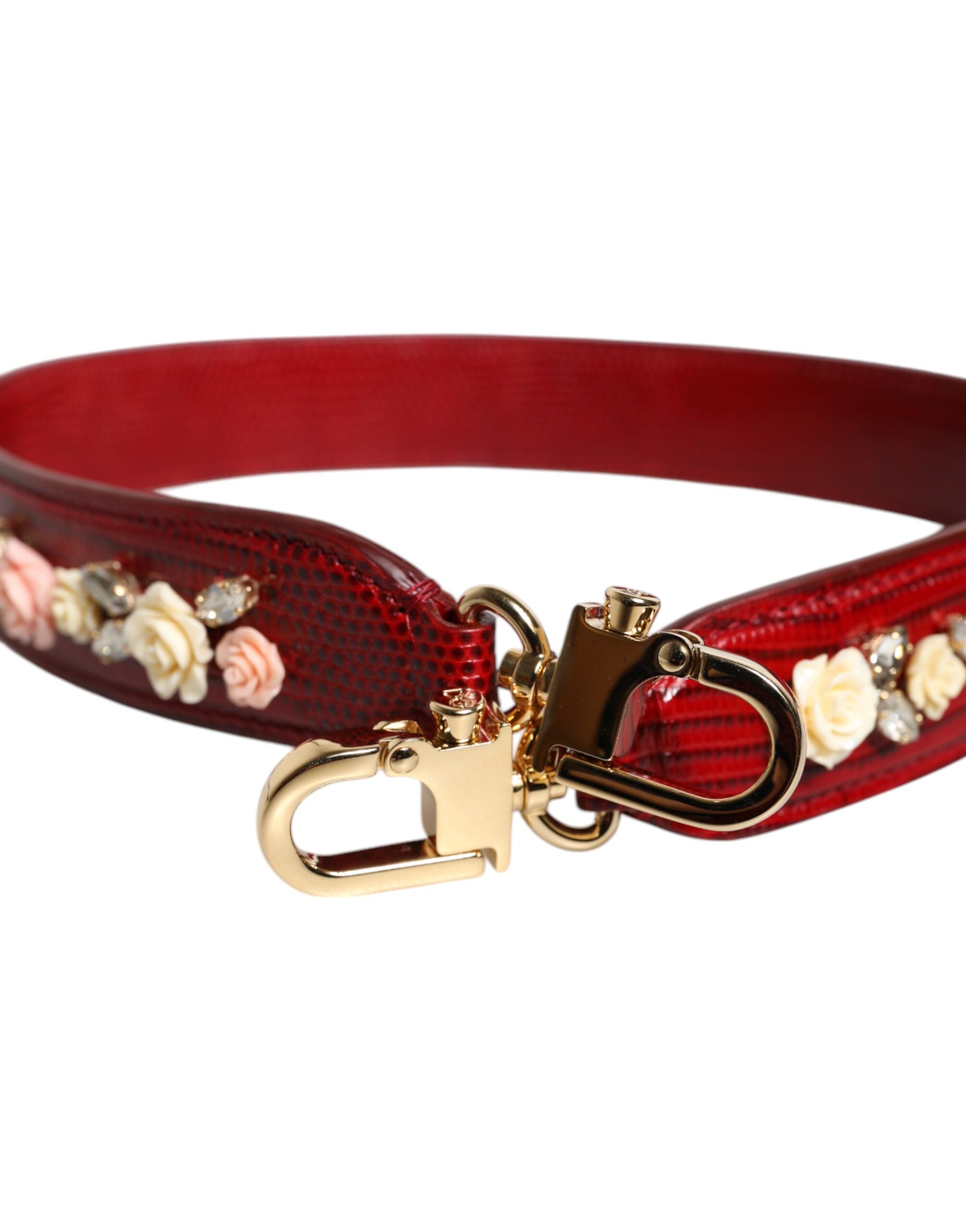Dolce & Gabbana Red Leather Floral Embellished Bag Shoulder Strap