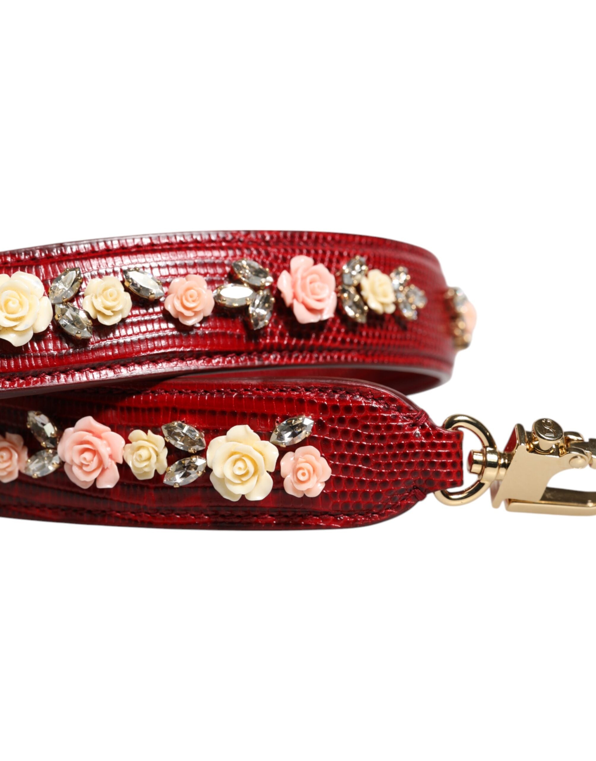 Dolce & Gabbana Red Leather Floral Embellished Bag Shoulder Strap