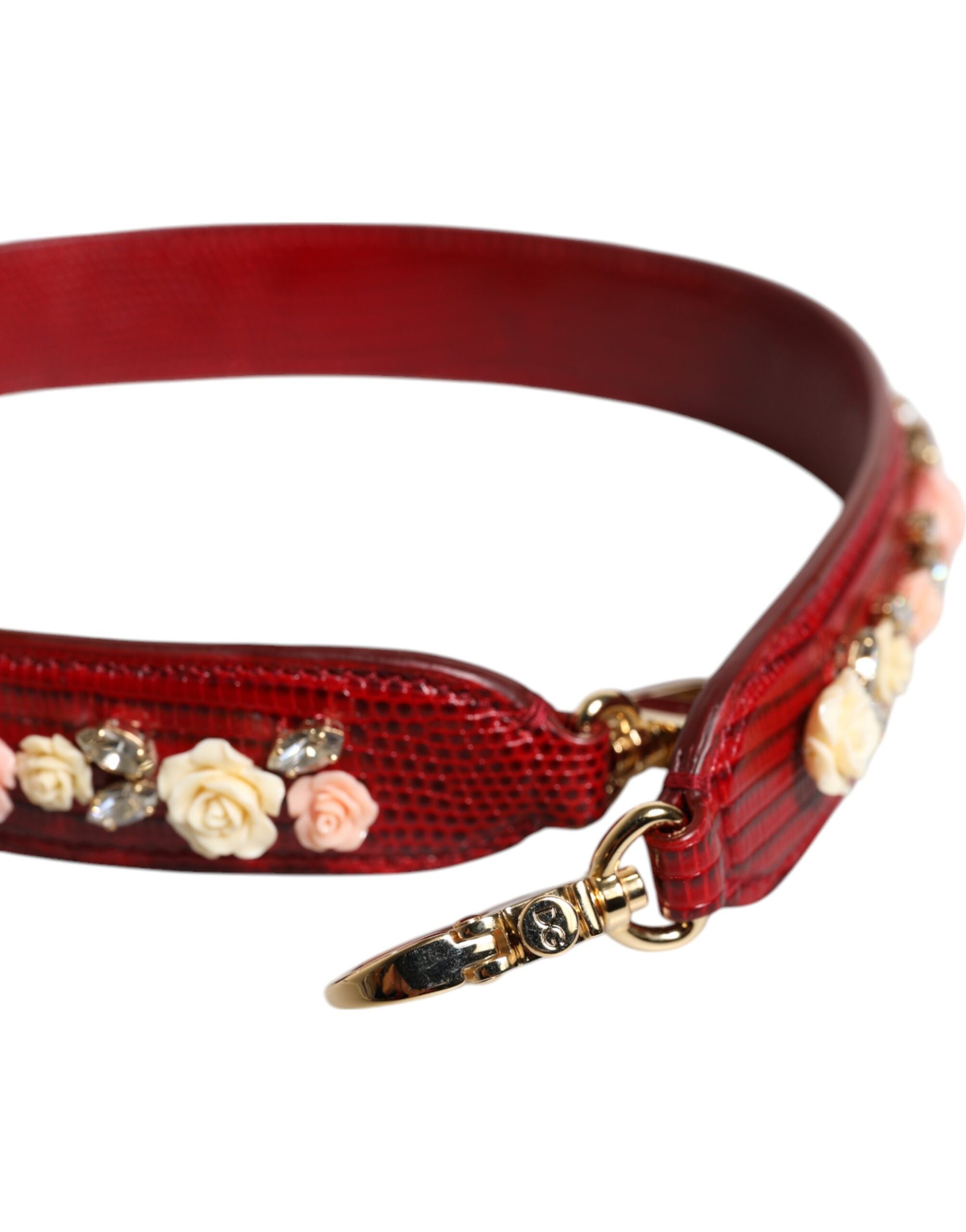 Dolce & Gabbana Red Leather Floral Embellished Bag Shoulder Strap