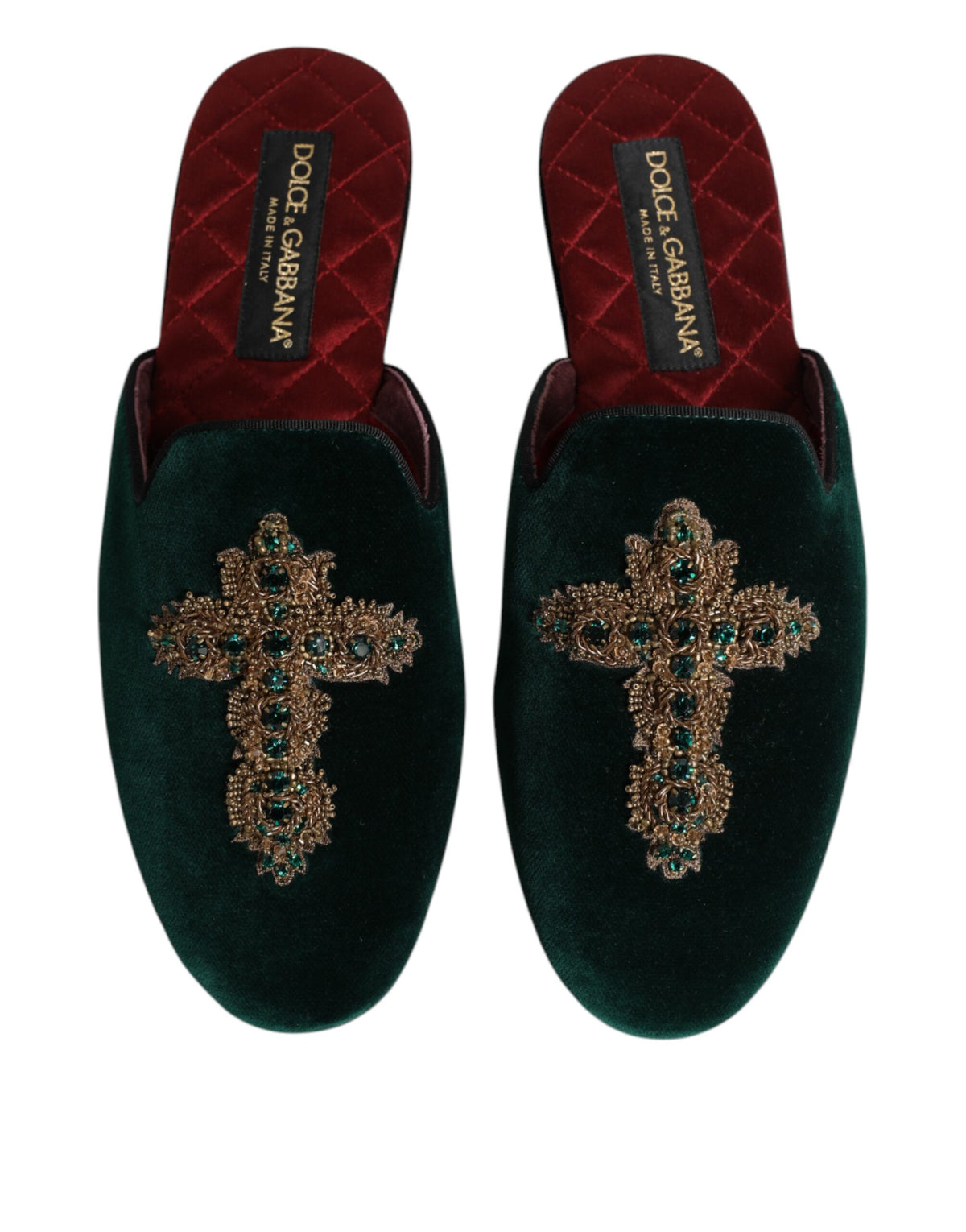 Dolce & Gabbana Groene Fluweel Kruis Versierde Muiltjes Schoenen
