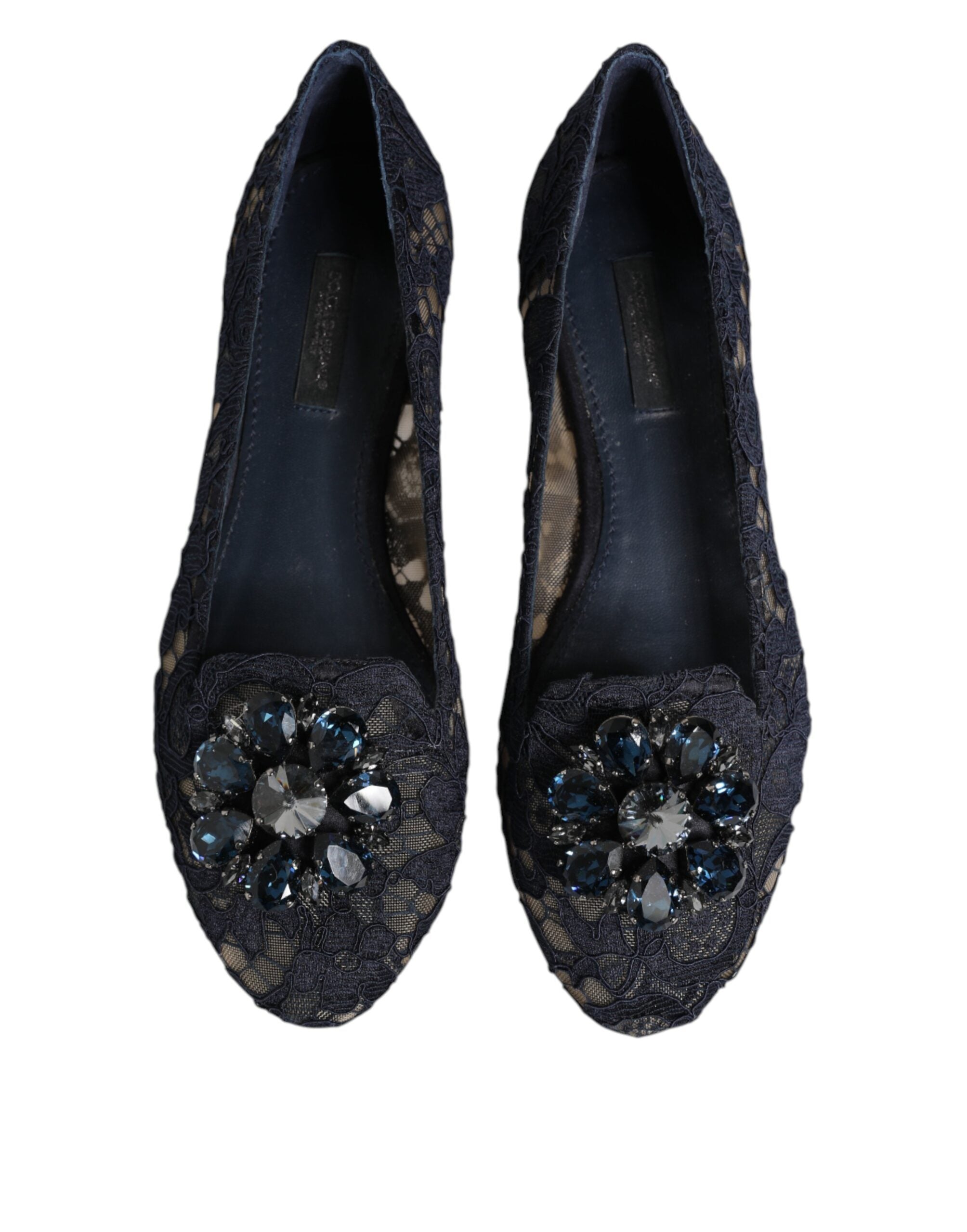 Dolce & Gabbana Blue Taormina Lace Crystals Flat Shoes