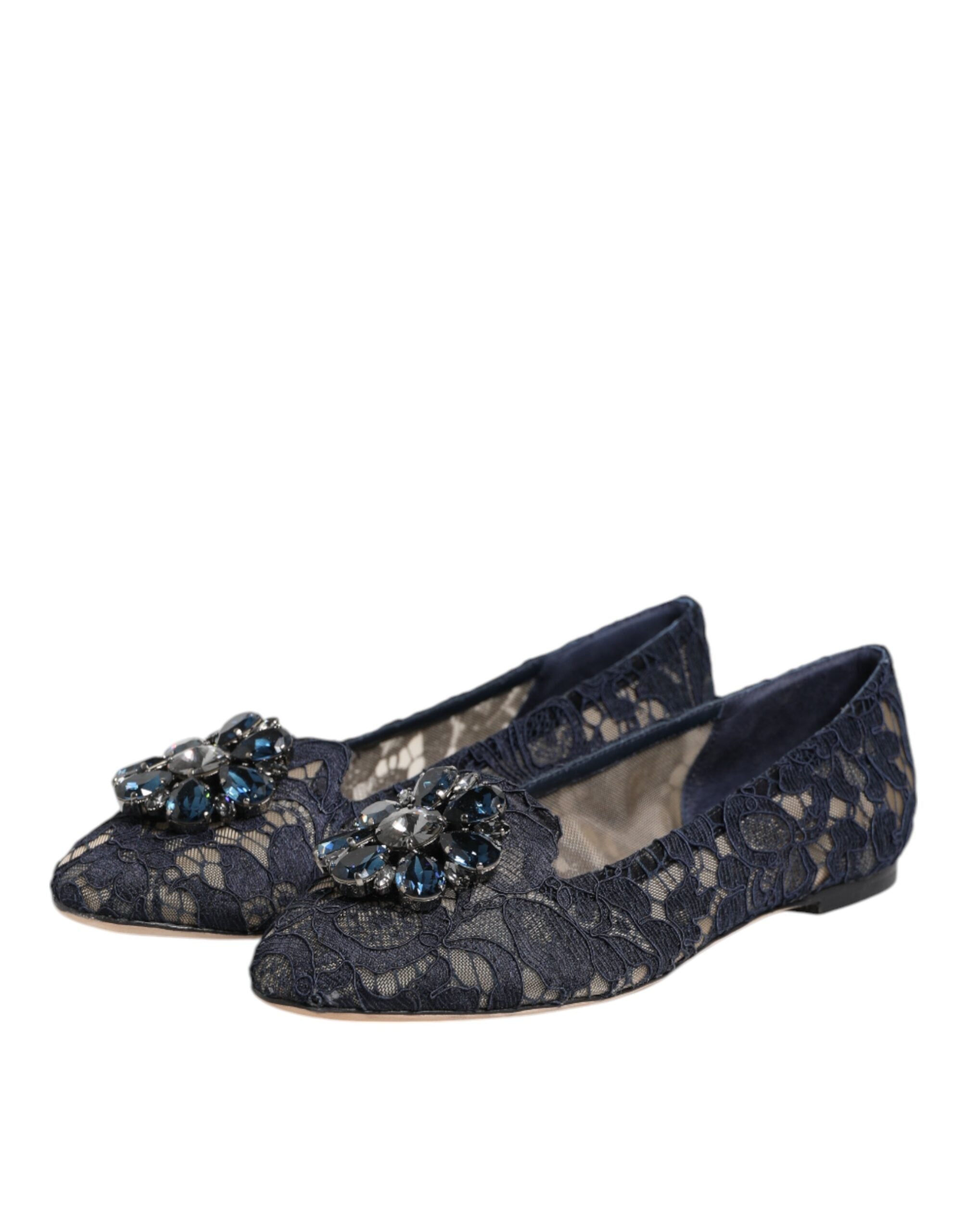 Dolce & Gabbana Blue Taormina Lace Crystals Flat Shoes