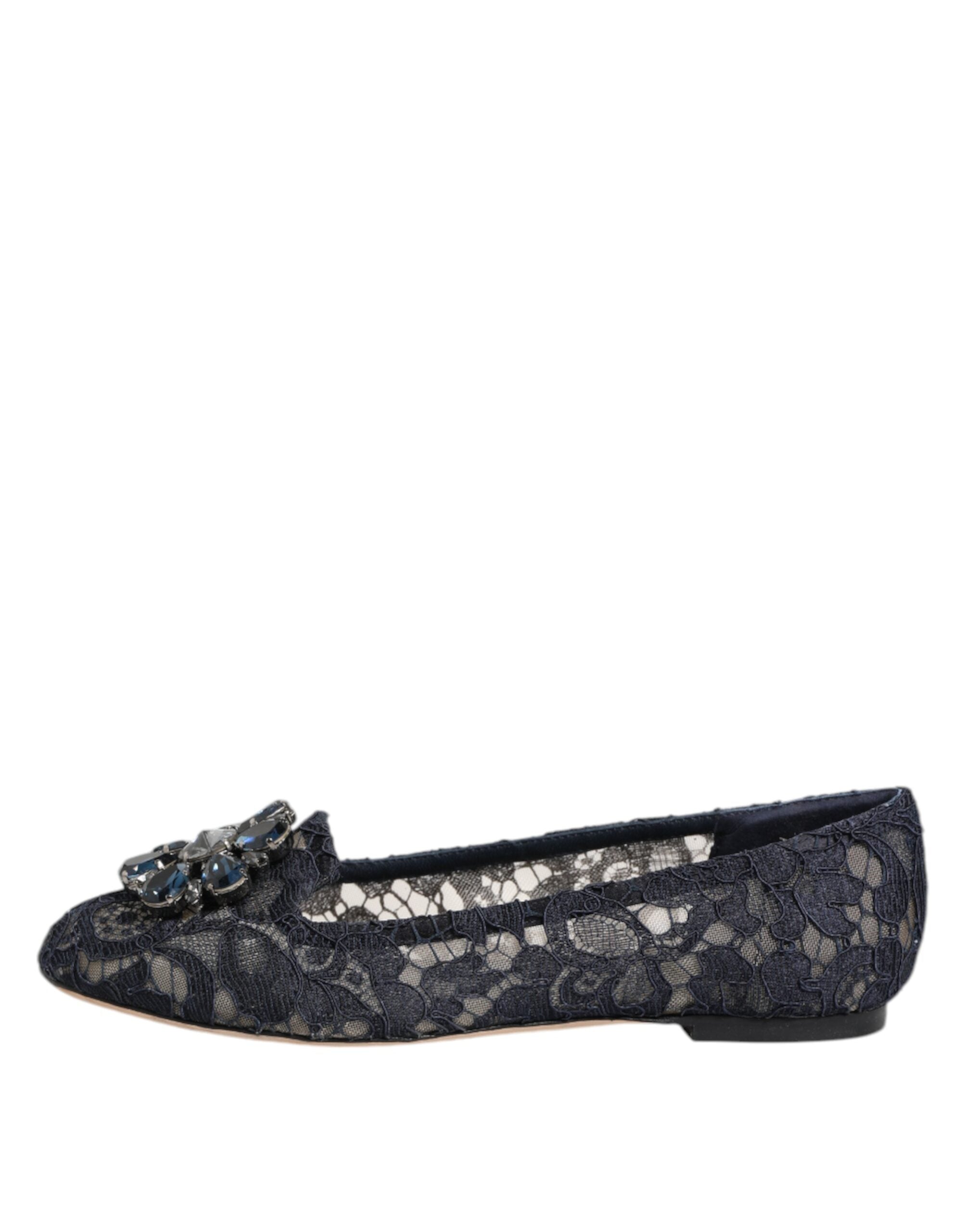 Dolce & Gabbana Blue Taormina Lace Crystals Flat Shoes