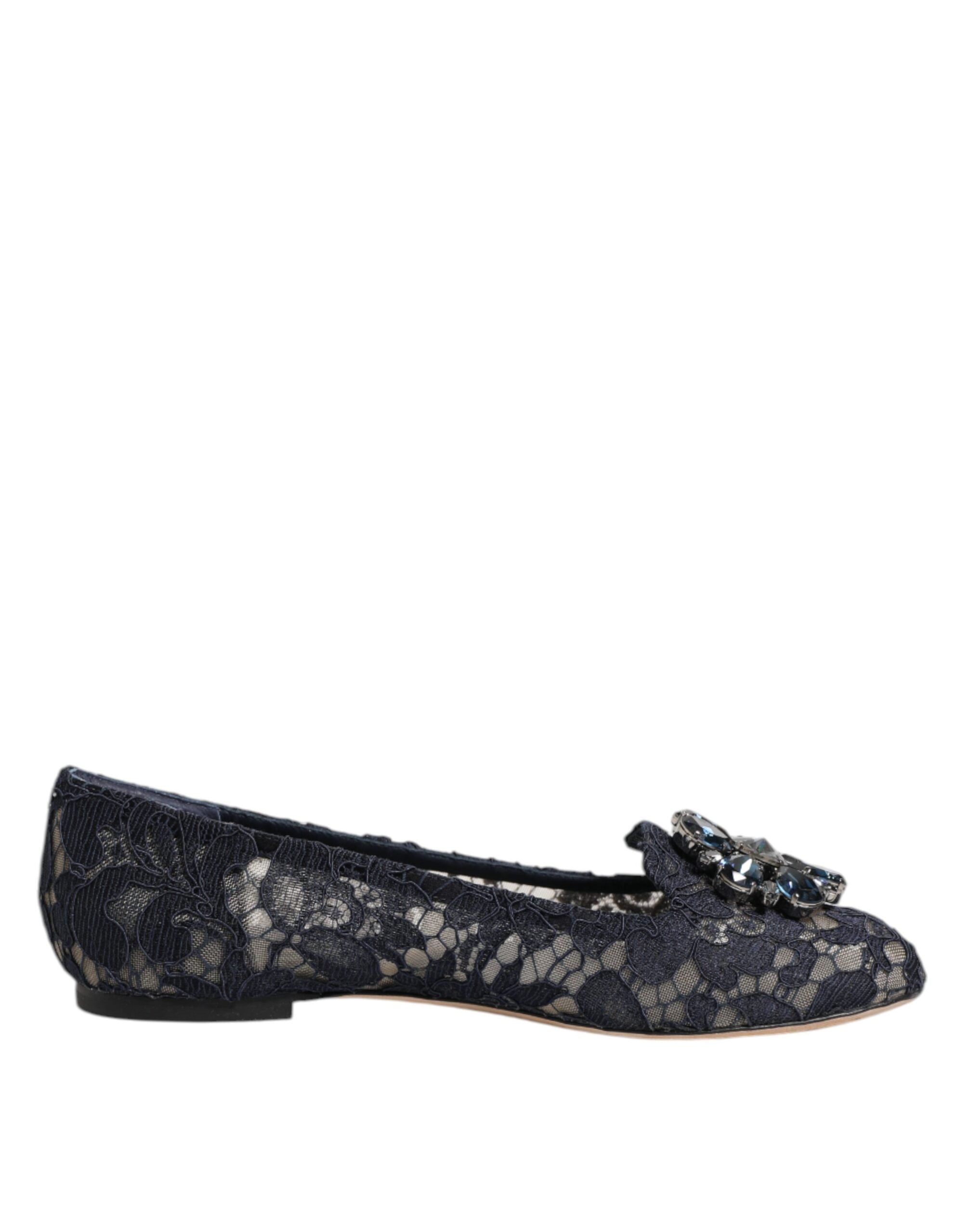 Dolce & Gabbana Blue Taormina Lace Crystals Flat Shoes