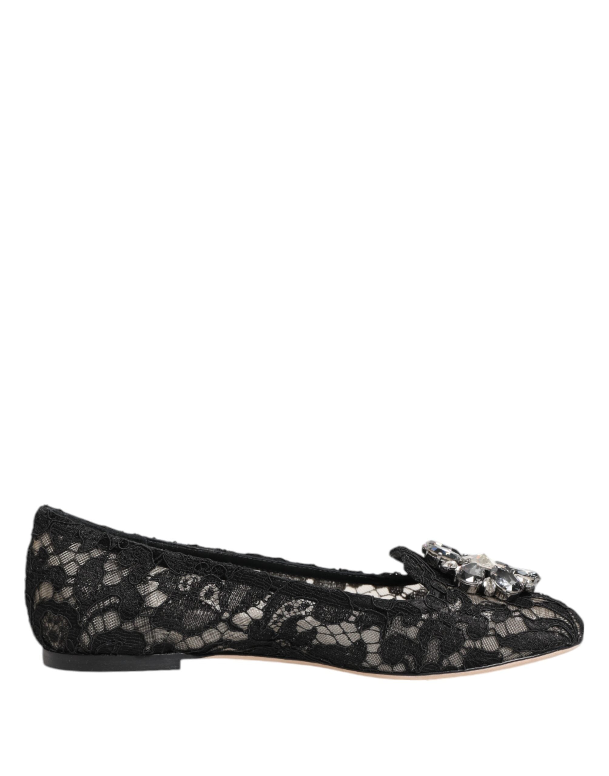 Dolce & Gabbana Black Taormina Lace Crystals Flat Shoes