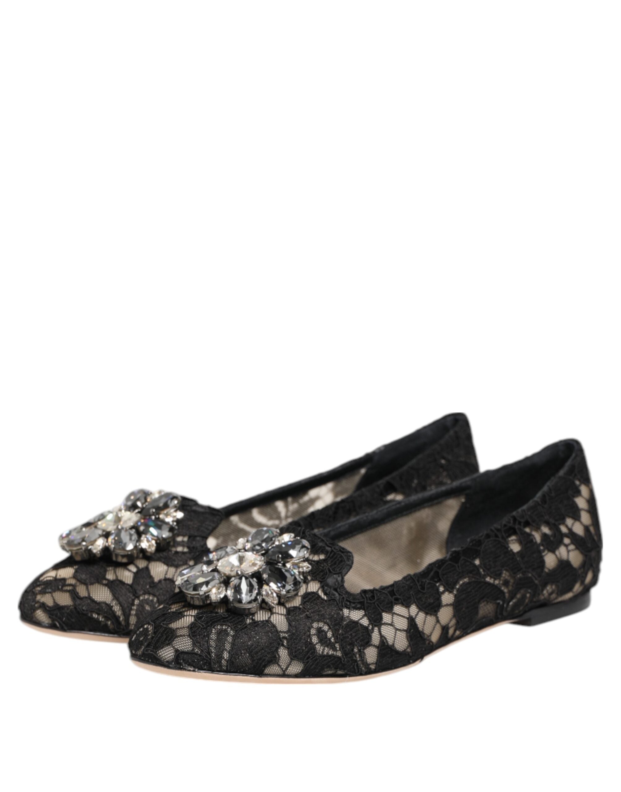 Dolce & Gabbana Black Taormina Lace Crystals Flat Shoes