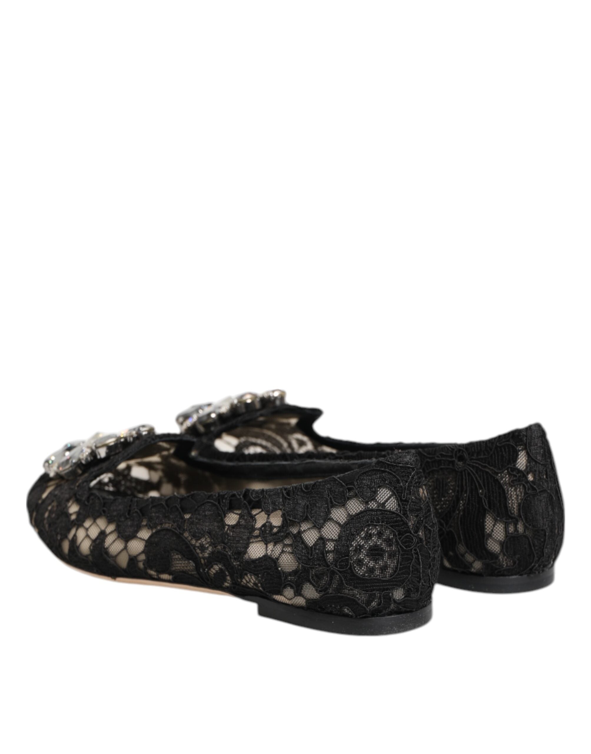 Dolce & Gabbana Black Taormina Lace Crystals Flat Shoes