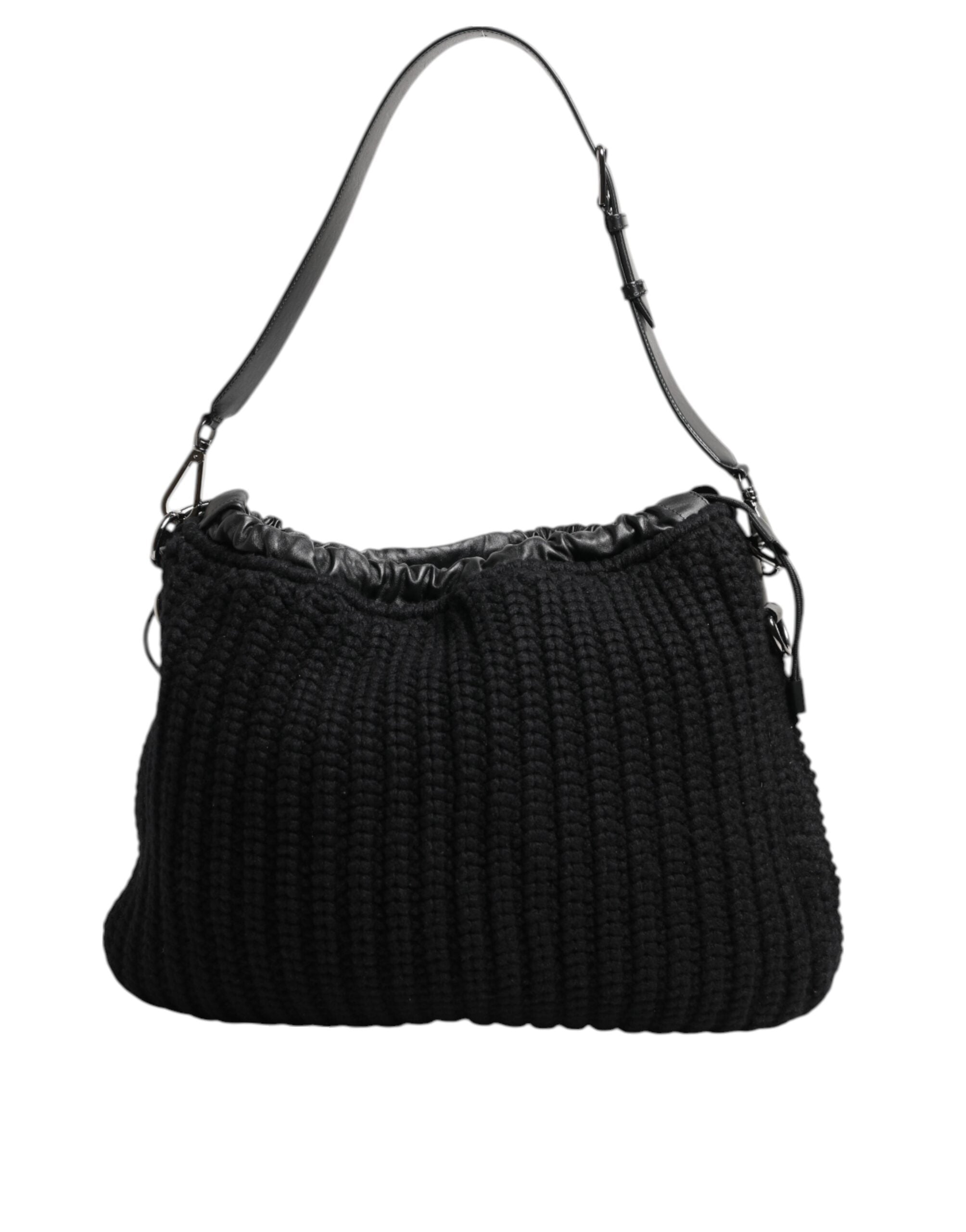 Dolce & Gabbana Black Cashmere Knitted Leather Shoulder Women's Bag