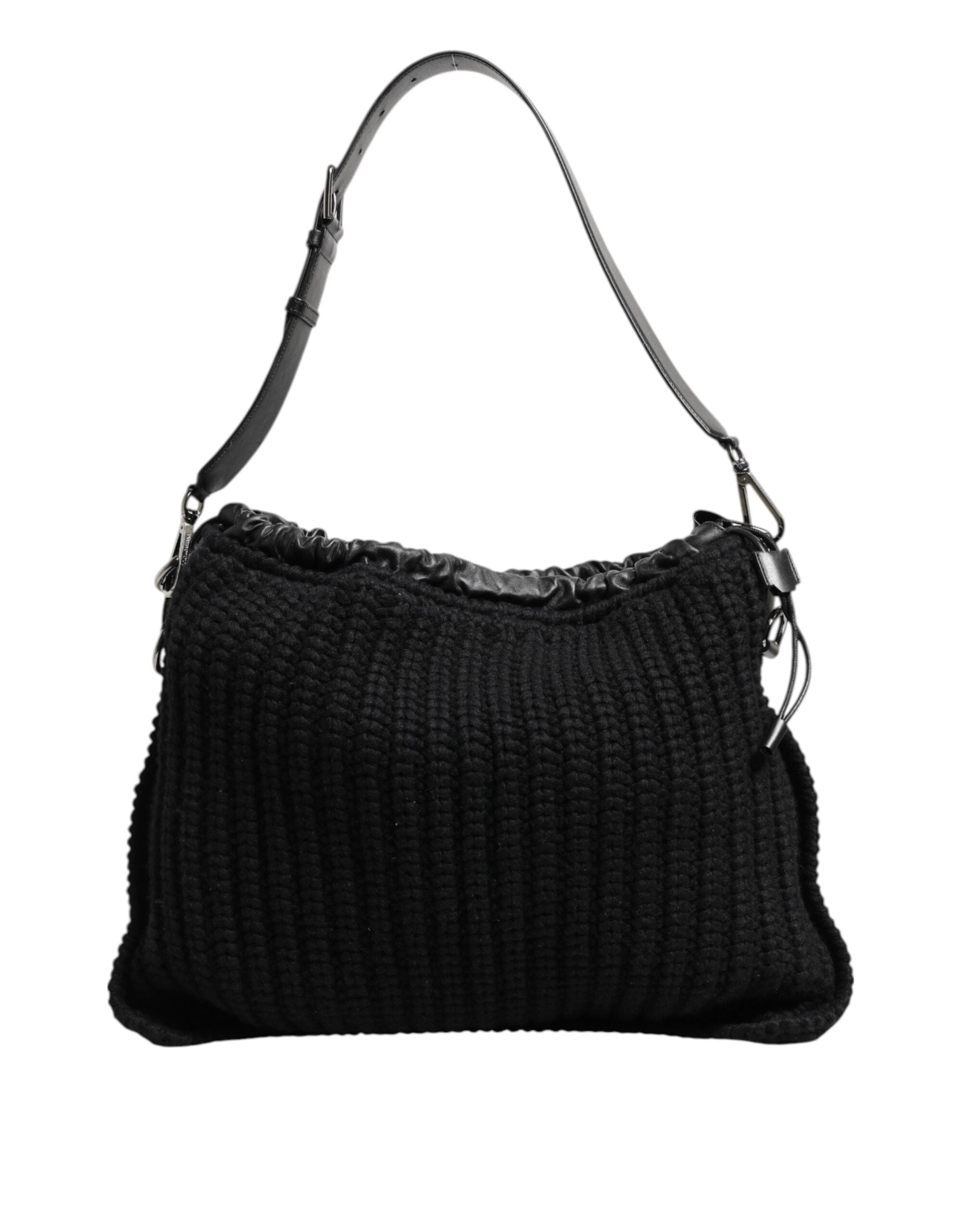 Dolce & Gabbana Black Cashmere Knitted Leather Shoulder Women's Bag