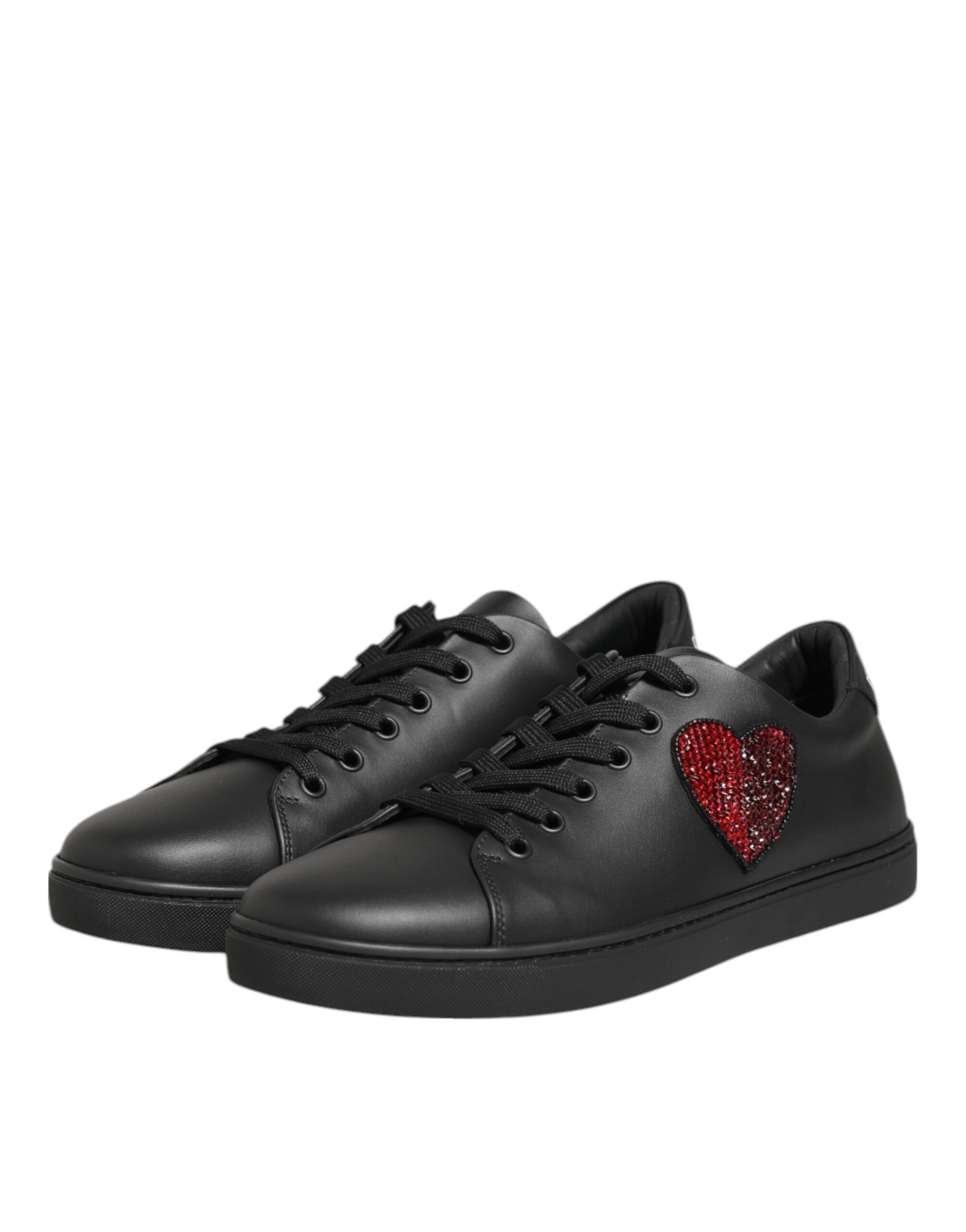 Dolce & Gabbana Zwarte Leren Sneakers met Kristallen Hart