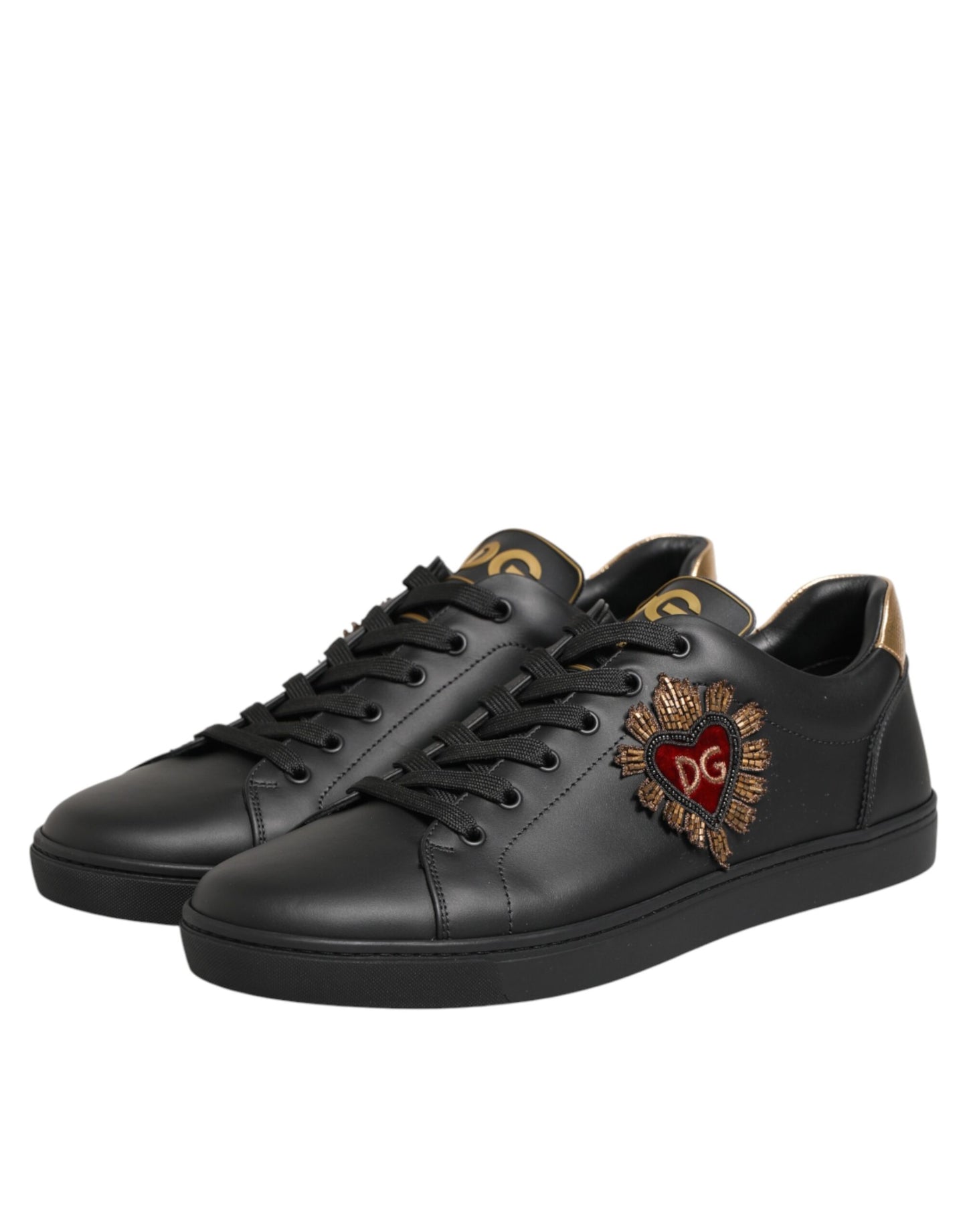 Dolce & Gabbana Zwarte Leren Sneakers Met Hartversiering